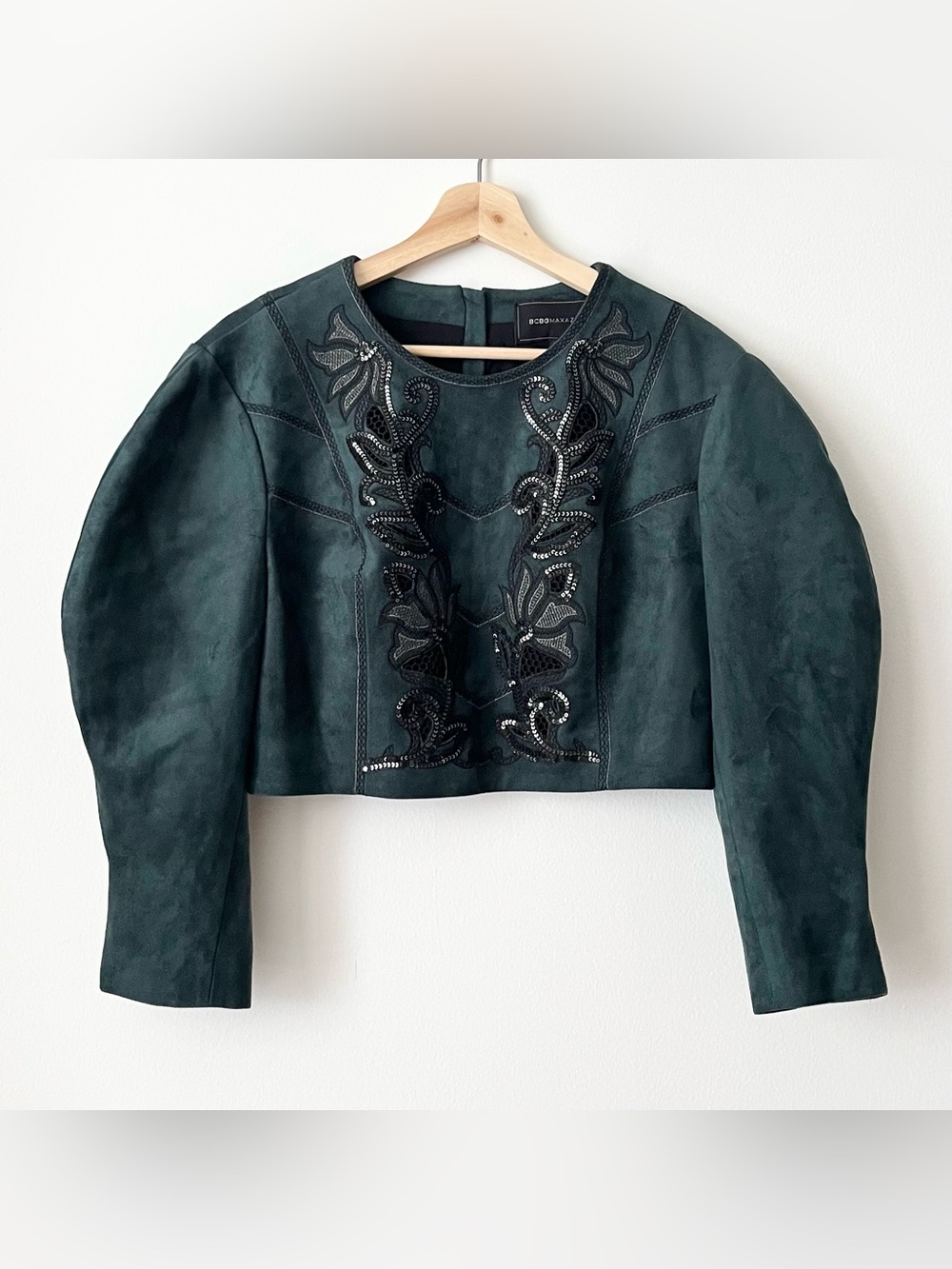 BCBG MaxAzria Women's Faux Suede Cropped Top Green Size L Sequins Puff Sleeves